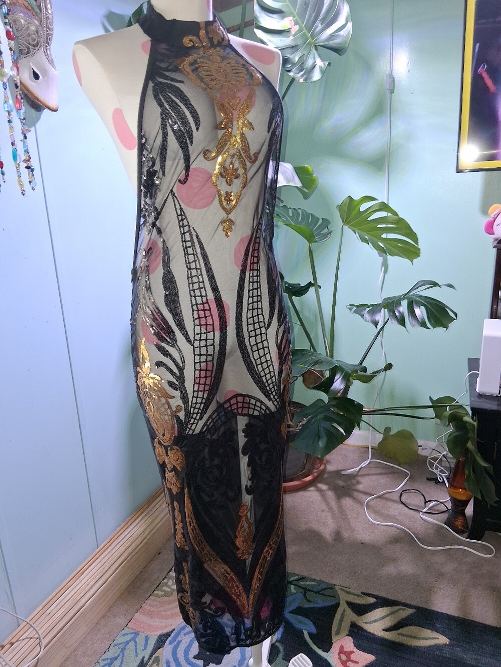 Black Sheer Embellished Halter Dress with Gold Accents Size XL